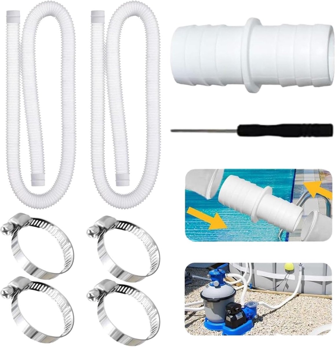 Bobypet - Zwembad Slang 32 mm Set - 2x Flexibele Zwembadslang met 4 RVS Slangklemmen en 1 Universele Koppelstuk - Geschikt voor Filterpomp, Opzetzwembad - Wit