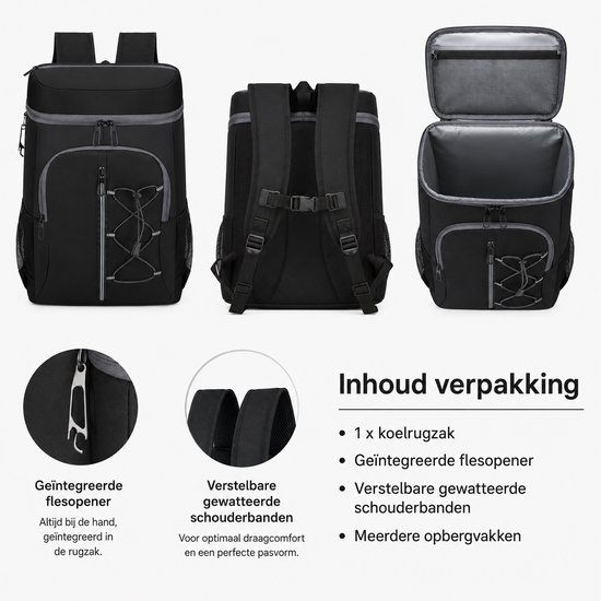 Bobypet - Koelrugzak 30 Liter - Geïsoleerde Picknick Rugzak met Flesopener - Lekvrije en Waterdichte Koeltas - Thermische Rugzak voor Werk, Strand, Camping & BBQ - Voor Heren & Dames - Zwart van Bobypet — afbeelding 5