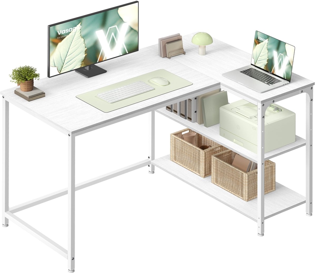 L-vormig hoekbureau met in hoogte verstelbare plank - 110 x 80 x 76 cm - Esdoornwit
