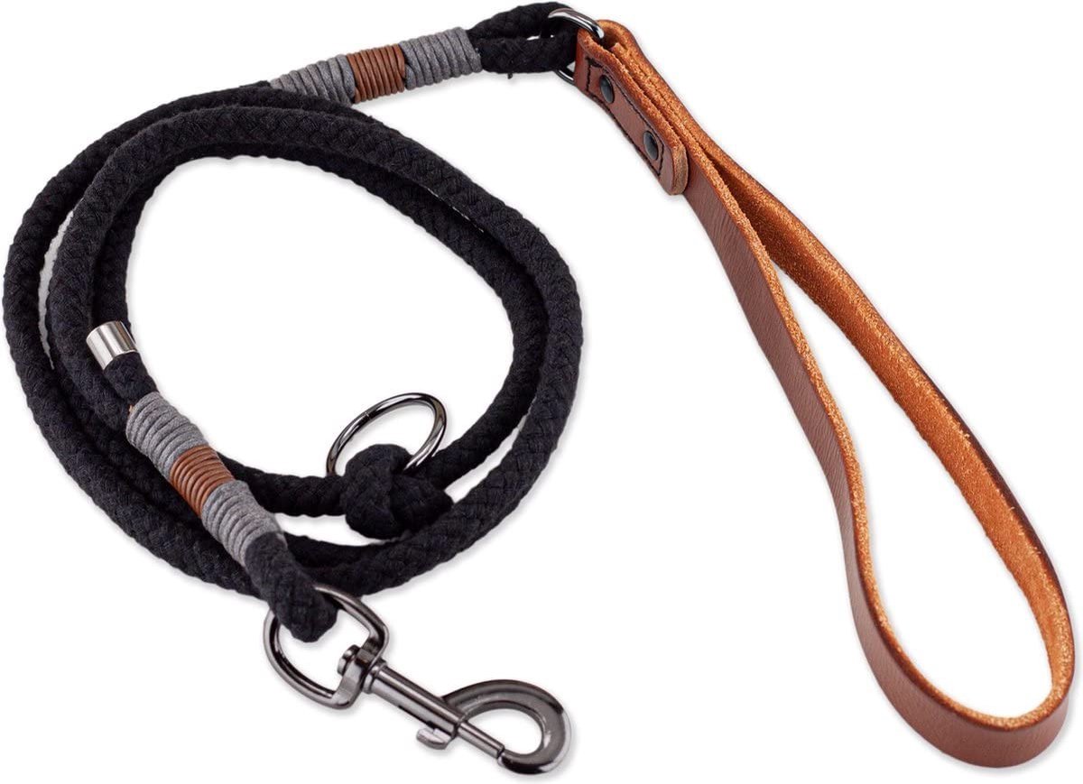 Omgoods - Luxe Hondenriem van Volnerf Leer - 220 cm - Zwart/Cognac/Grey