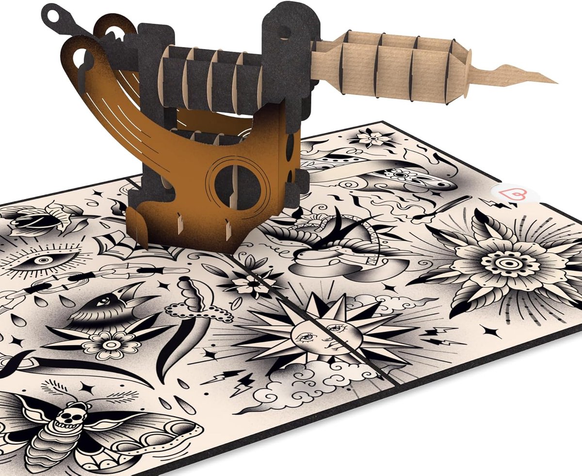 papercrush Pop-upkaart tattoomachine, 3D-kaart als tattoo-tegoedbon, geldgeschenk en tegoedbon voor tattooliefhebbers en tatoeëerders, verjaardagskaart met tattoopatroon voor mannen en vrouwen