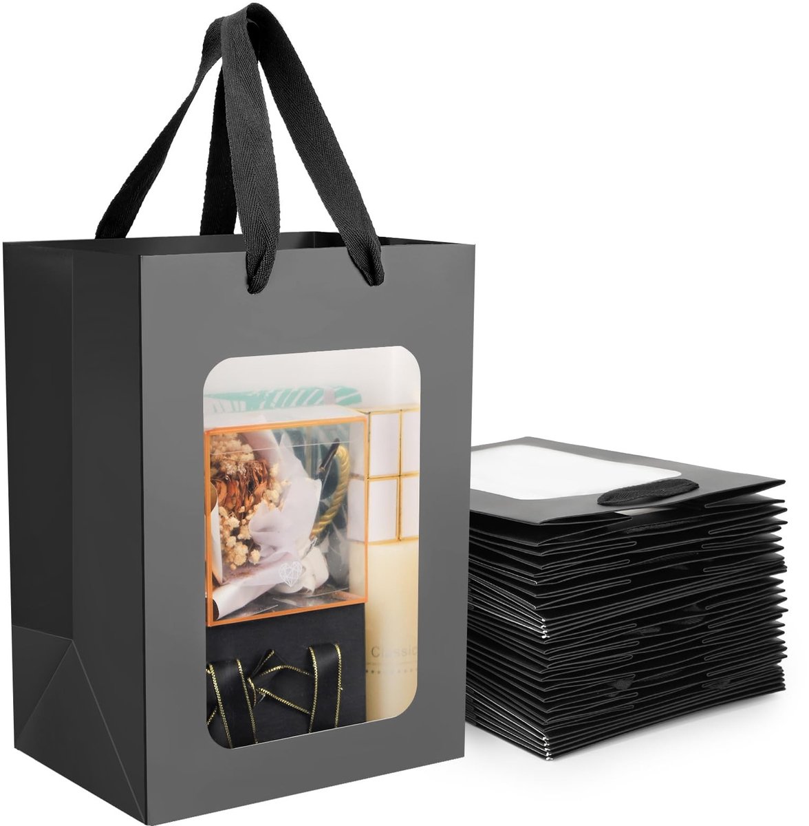 Omgoods - Zwarte Cadeautassen met Venster - 20 Stuks van 230gsm - 20x16x30cm