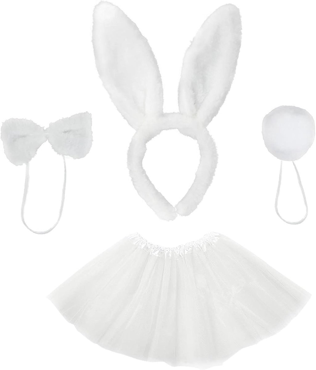 4 stuks hazenoren hoofdband, witte tutu met hazenoren strik staart, volwassenen, paaskostuum, feestaccessoires, meisjes haasjeskostuum katten cosplay kostuum
