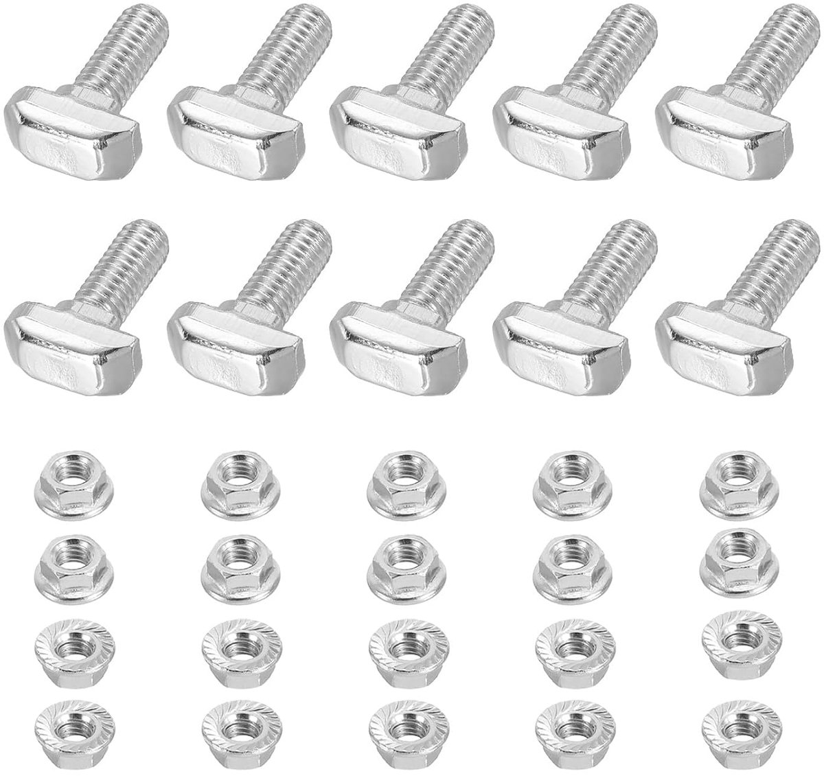 M6x16 hamerkopschroef T-schroef, 10 stuks T-moer hamerkopschroeven met 10 stuks zeskantflensmoeren voor 3030-serie Europese standaard aluminium profiel