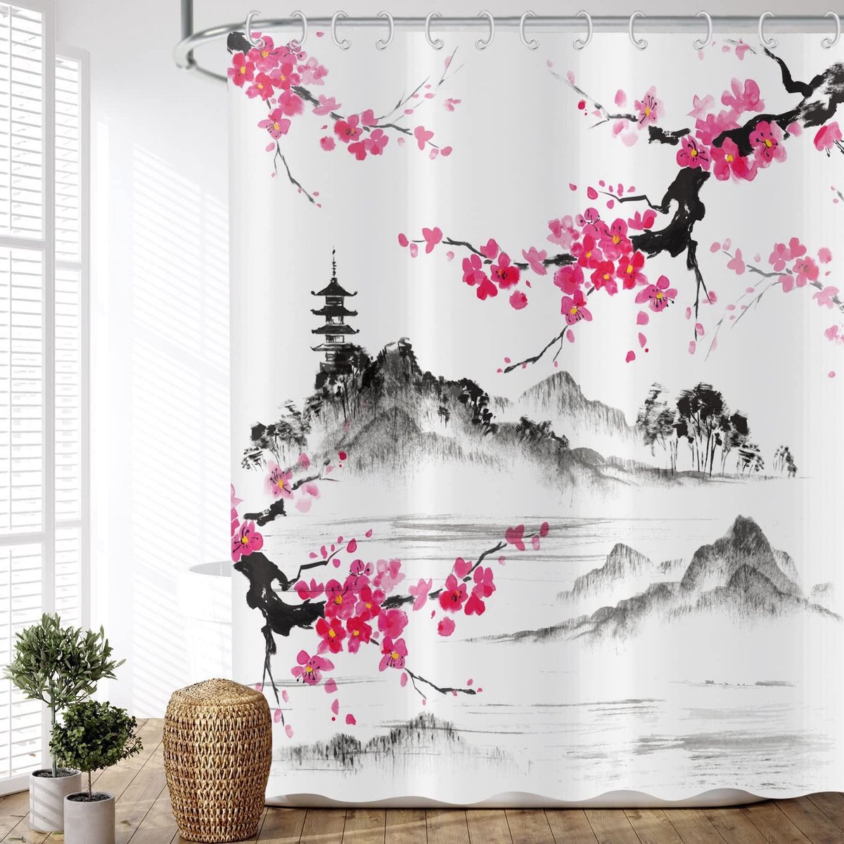 Omgoods - Douchegordijn Plom Blossom 180 x 180 cm Waterdicht en Wasbaar