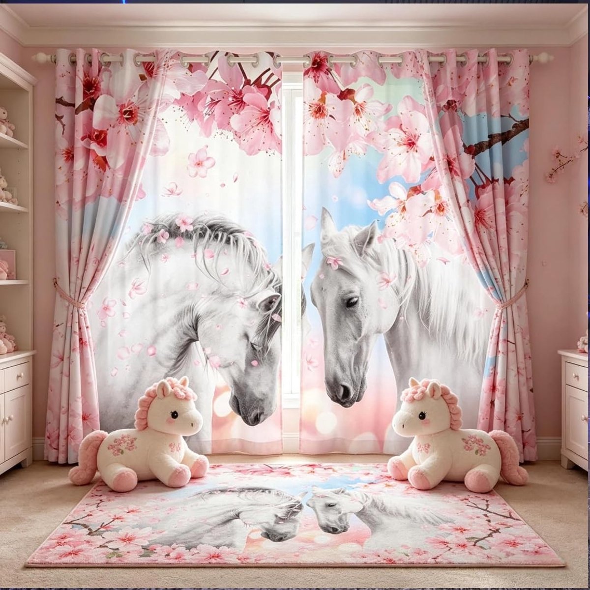 Omgoods - Paard Gordijnen Set - Witte Raamdecoratie met Kersenbloesem Print