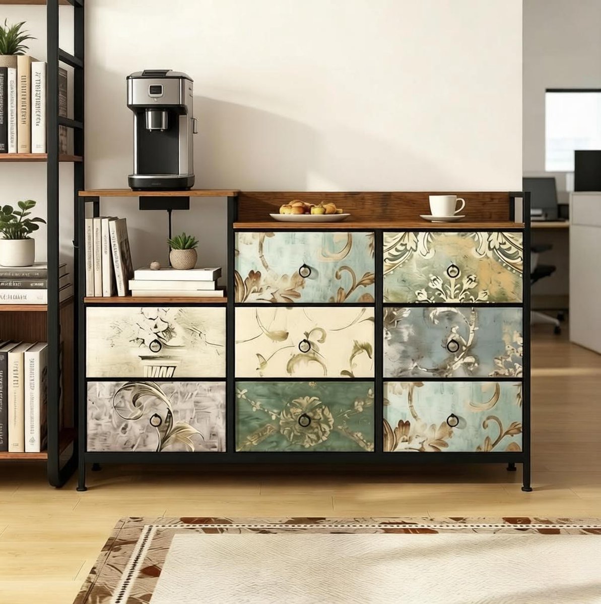 COVREO Ladekast 132 x 88 x 29 cm multicolor, van metaal hout en stof met USB rustiekbruin, zwart en vintage bloemenmotief