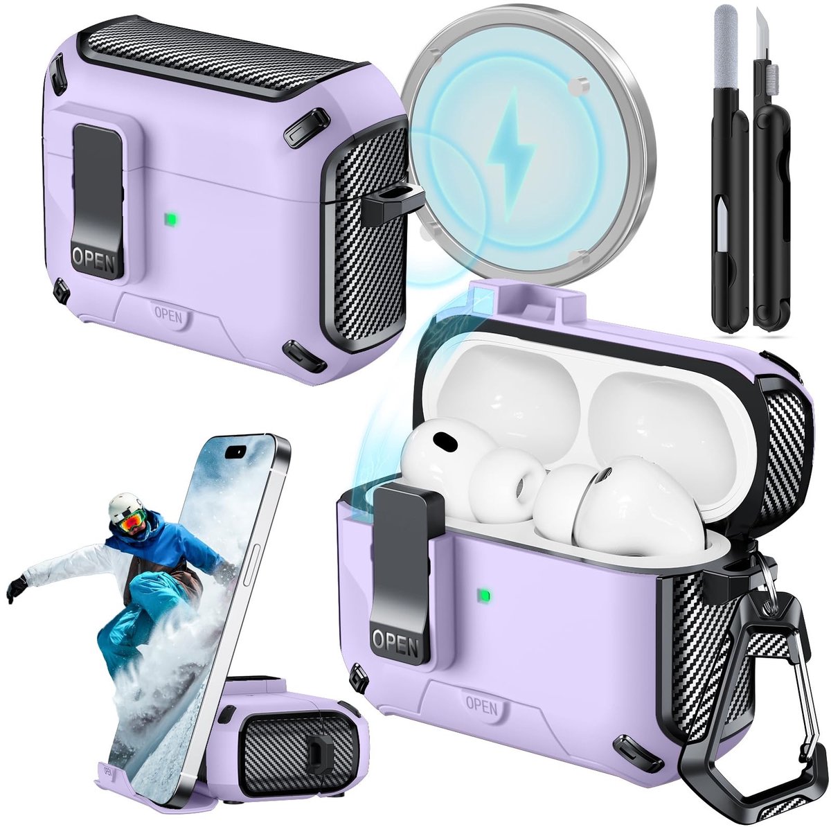 Omgoods - Carbon Fiber Case voor AirPods Pro 3 met Telefoonstand en Schoonmaakpen - Paars