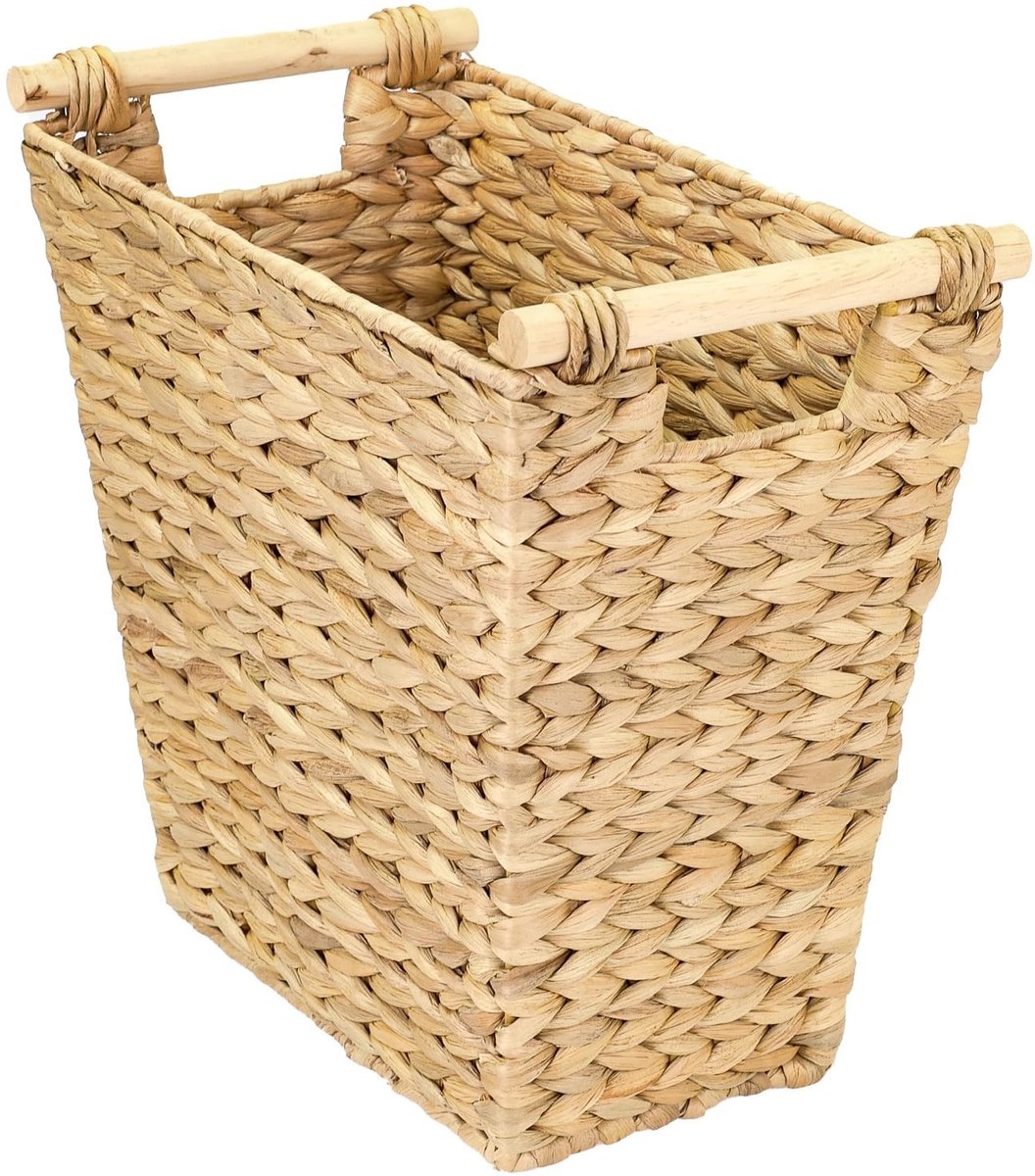 Omgoods - Prullenbak Kantoor met Houten Handvatten en Waterhyacint | Trapeziumvormig | 36 x 19 x 33 cm