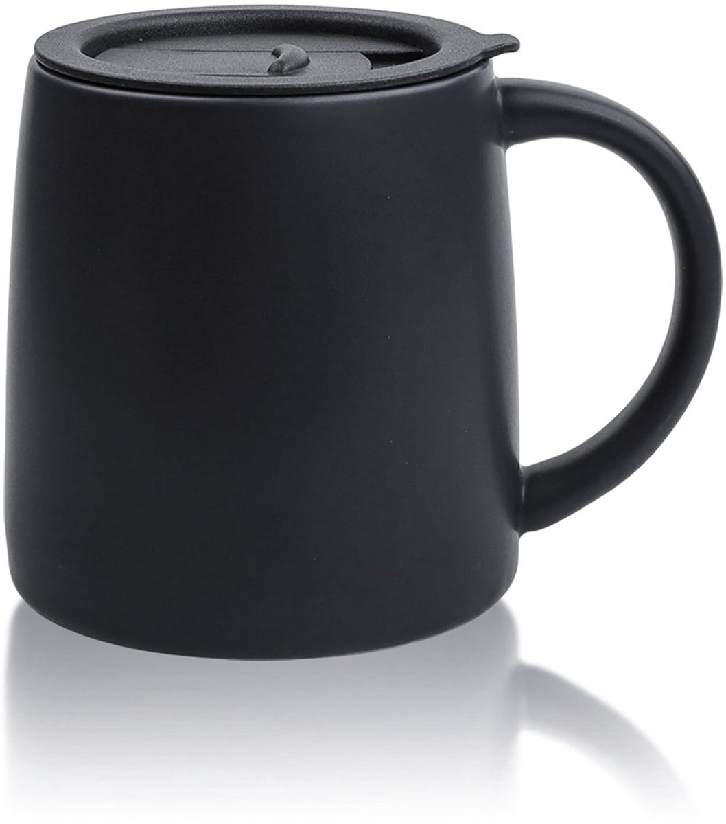 Omgoods - Grote Porseleinen Koffiemok met Handvat en Deksel - 400ml Donkerblauw