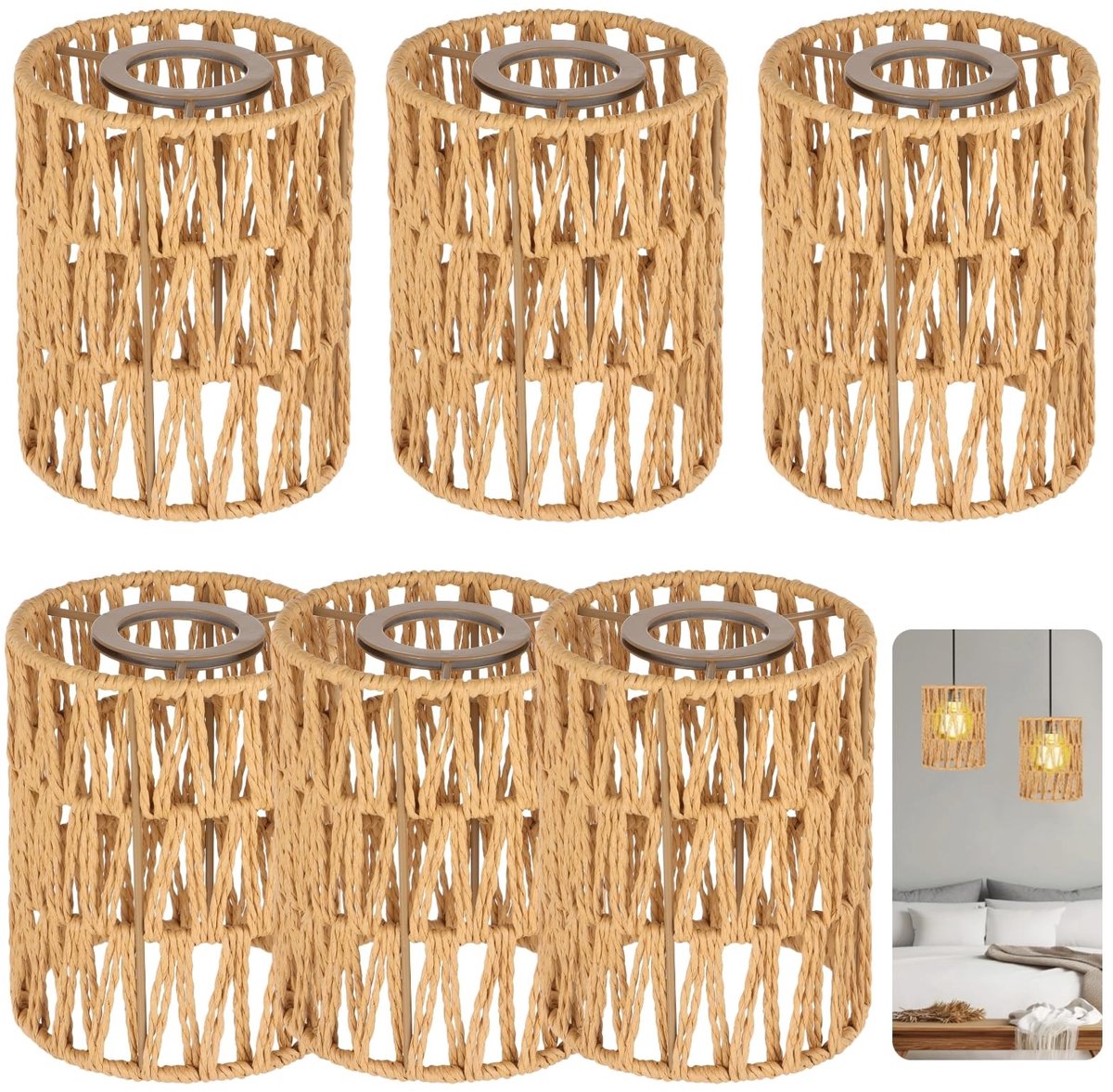 Omgoods - 6PCS Rattan Lampshade - Klein Wicker Pendant Lampenkap voor Bohemian Interieur