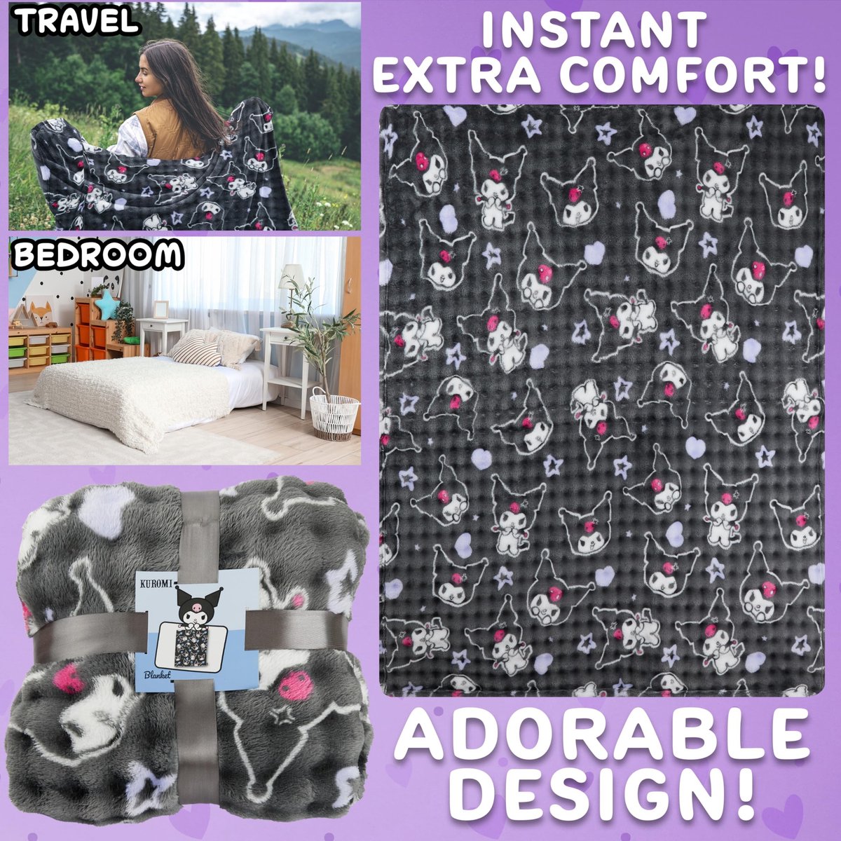 Omgoods - Kuromi Sanrio Fleece Waffle Blanket - Zacht en Warm voor Sofa en Bed