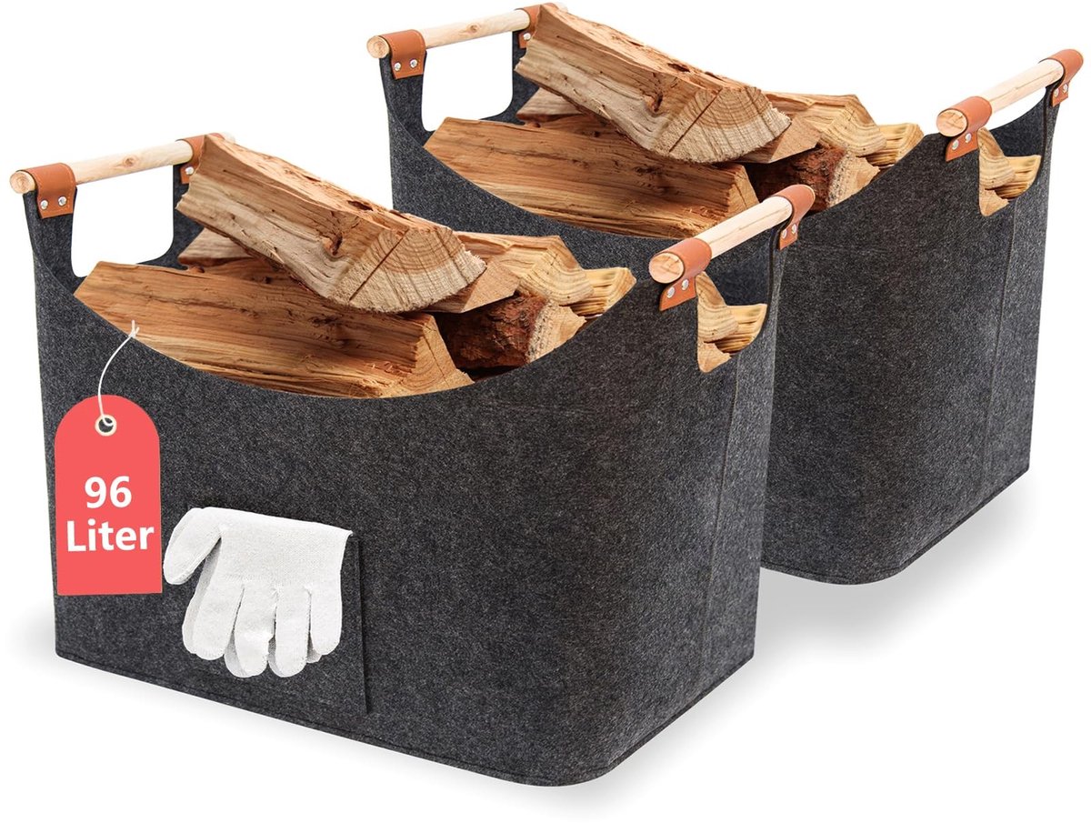 Omgoods - Set van 2 Houten Haardmanden - 96 Liter Met Handschoenen - Voor Houtopslag en Decoratie