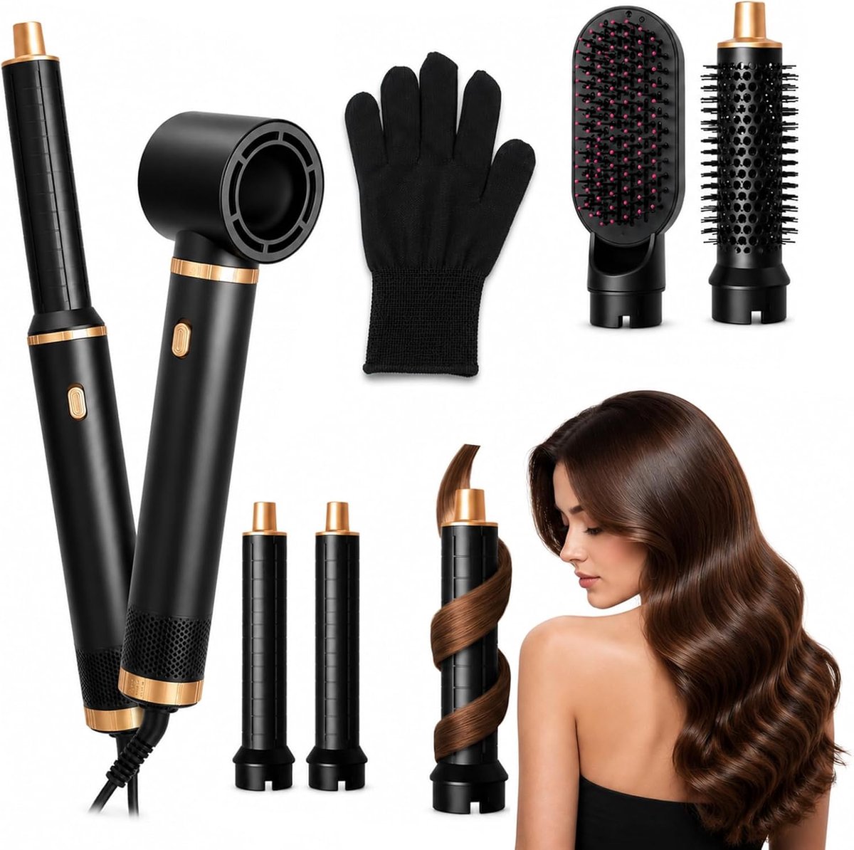 5-in-1, multi-haarstyler, hetelucht, föhn met krulopzetstuk, krulstyler en stijlborstel, airstyler voor krullen, volume en glad haar