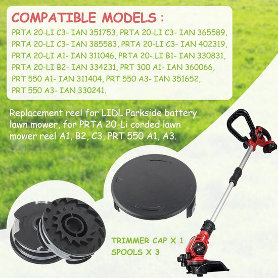 Reservedraadspoel voor LIDL Parkside grastrimmer PRT 550 A1, A3; PRTA 20-Li A1, B2, C3 reservespoel (3 reservespoelen voor trimmer + 1 spoeldeksel) — afbeelding 2