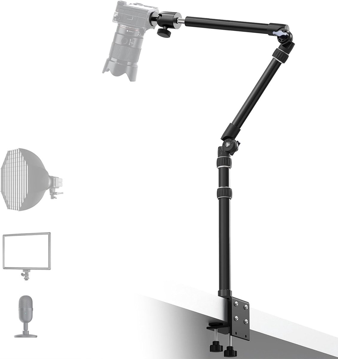 【Alle metalen】RAUBAY Desktop Magic Arm, Overhead Camera Bureaubevestiging, Tafellampstandaard met 1/4 inch kogelkop, 3/8" & 5/8" adapter, C-klem, intrekbare giekarm voor DSLR, webcam, microfoon,