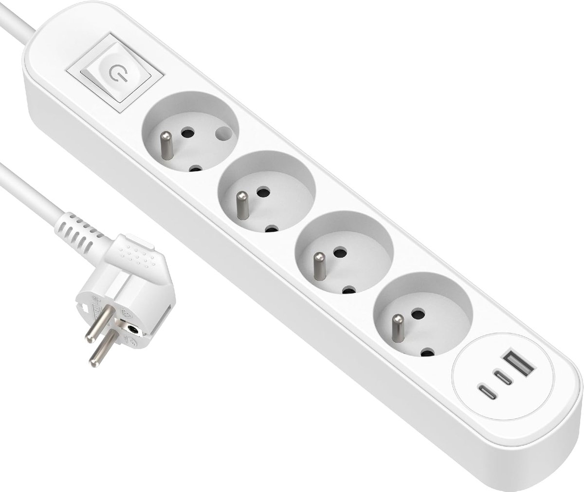 35620 Prima stekkerdoos 4 stopcontacten 16 A + 3 USB (1 USB A + 2 USB C PD20W) met schakelaar, kabel 1,5 m, wit
