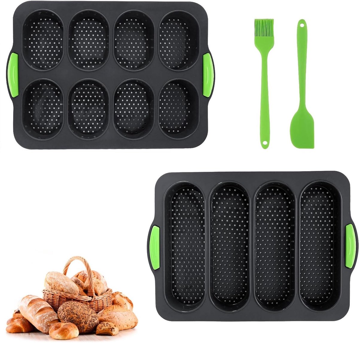 Omgoods - Silicone Baguette Bakvorm - 2 Stuks met Spatel en Oliekwast