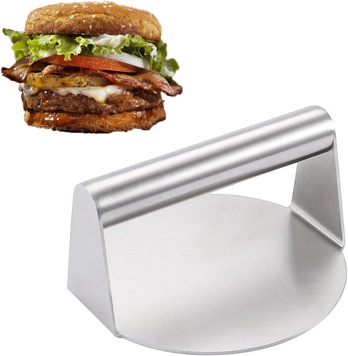 1 x Smash hamburgerpers, ronde roestvrij stalen hamburgerpers, professionele roestvrij stalen burgerpers, barbecue-accessoires voor platte topgrill, hamburgerpers en knijpgrease gemakkelijk