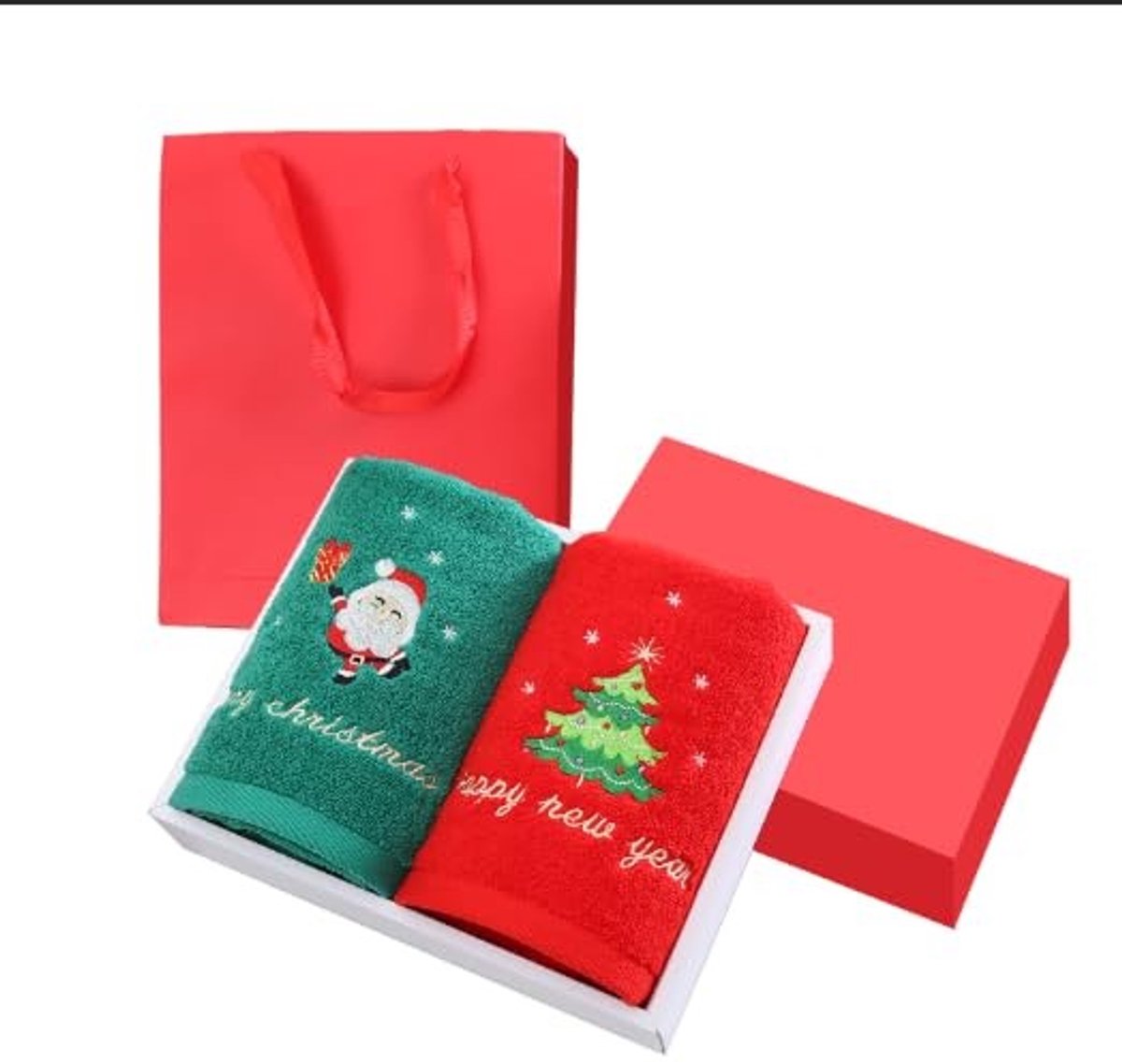 Omgoods - Set van 2 Kerst Handdoeken met Santa Claus en Kerstboom Patroon