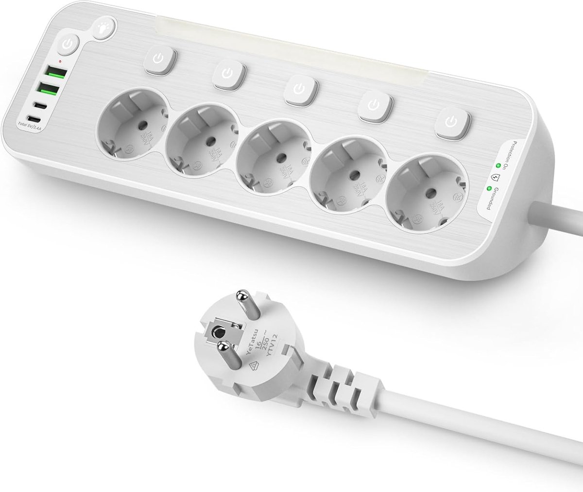 stekkerdoos Keuken met Schakelaar,Stopcontact Splitter 5-Voudig | Metaal Paneel Stekkerblok Bureau Overspanningsbeveiliging met Nachtlampje,Splitter Stekker,Hoekstopcontact voor Keuken,2M,Wit