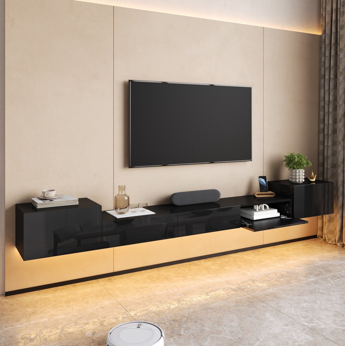 MIVRAY TV Meubel - Wandhangend Hoogglans Tv Kast Met Led Verlichting En App Bediening - Gesloten Opbergruimte Voor Woonkamer - Zwart - 245 Cm
