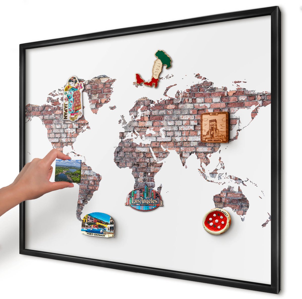 Artprintcave Wit Magneetbord mit Zwart Frame - 80x60 cm - Baksteenwereld Magnetische Organizer - Industrieel/Loft Magneetbord Voor Foto's - Kaarten