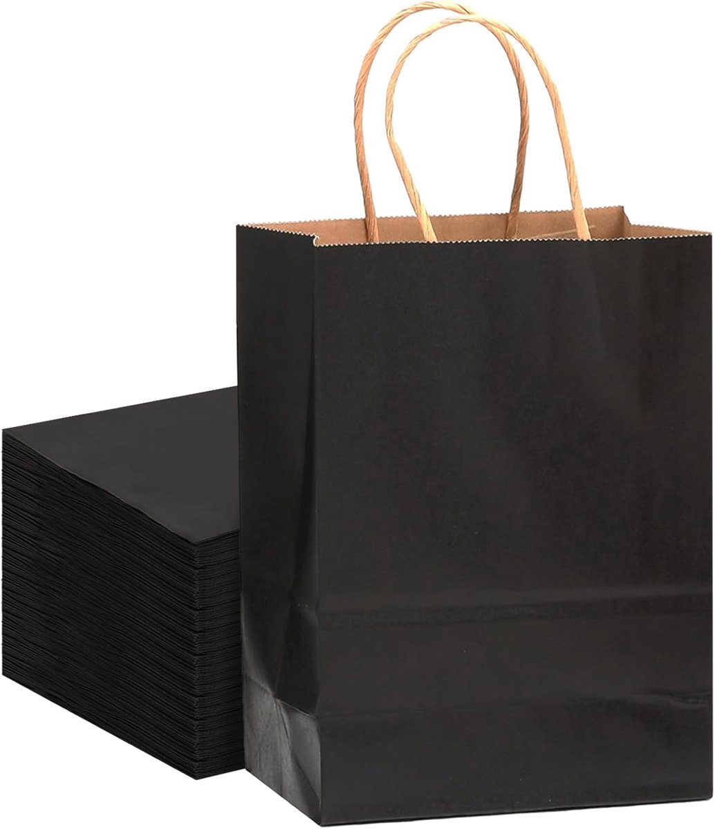 Zakken van kraftpapier met handvat, kleine cadeau- en feesttassen, zwart, boodschappentassen voor meerdere toepassingen, 22 x 15 x 7 cm, klein formaat, 32 stuks