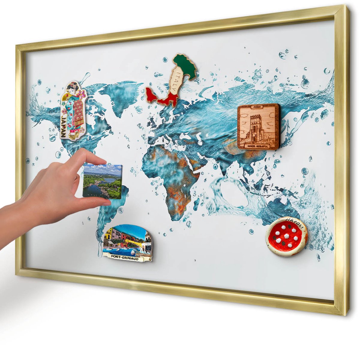 Artprintcave Turkoois Magneetbord mit Gouden Frame - 60x40 cm - Waterkaart Magnetische Organizer - Abstract Bord Voor Magneten - Kaarten