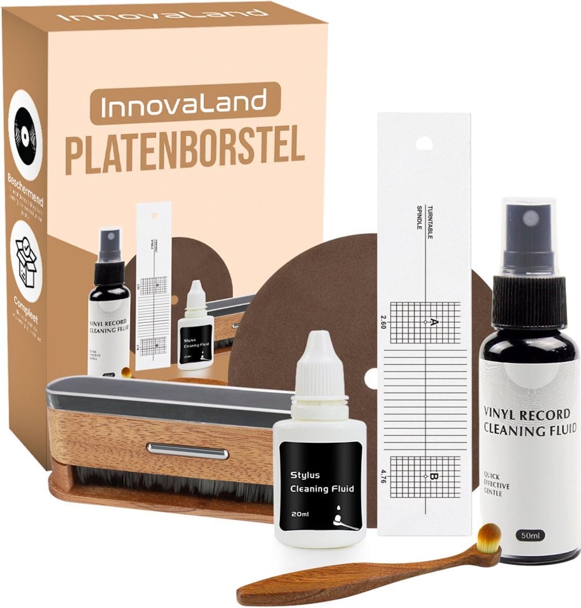 SnelShoppen - Record Brush Premium Set - Antistatische LP Cleaner - Vinyl Borstel - 6-delige Onderhoudsset voor Platen - Vinyl Reinigingsset met Vloei