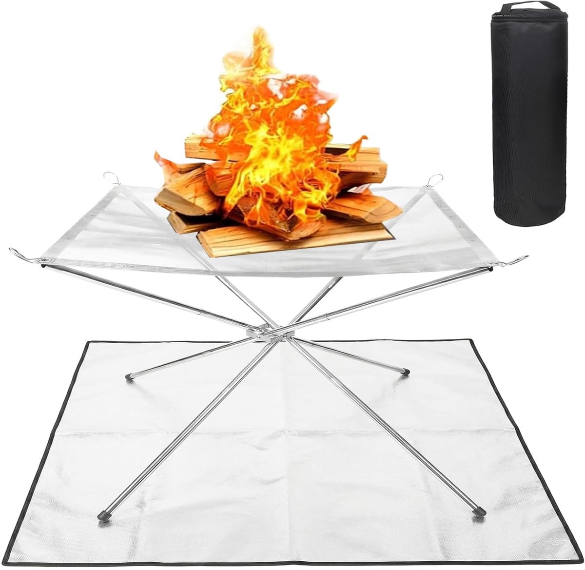 Omgoods- Vuurschaal Draagbaar 56 cm - Vuurkorf voor Buiten - Roestvrij Staal - Grill met Mat - Draagtas - Geschikt voor Tuin/Camping