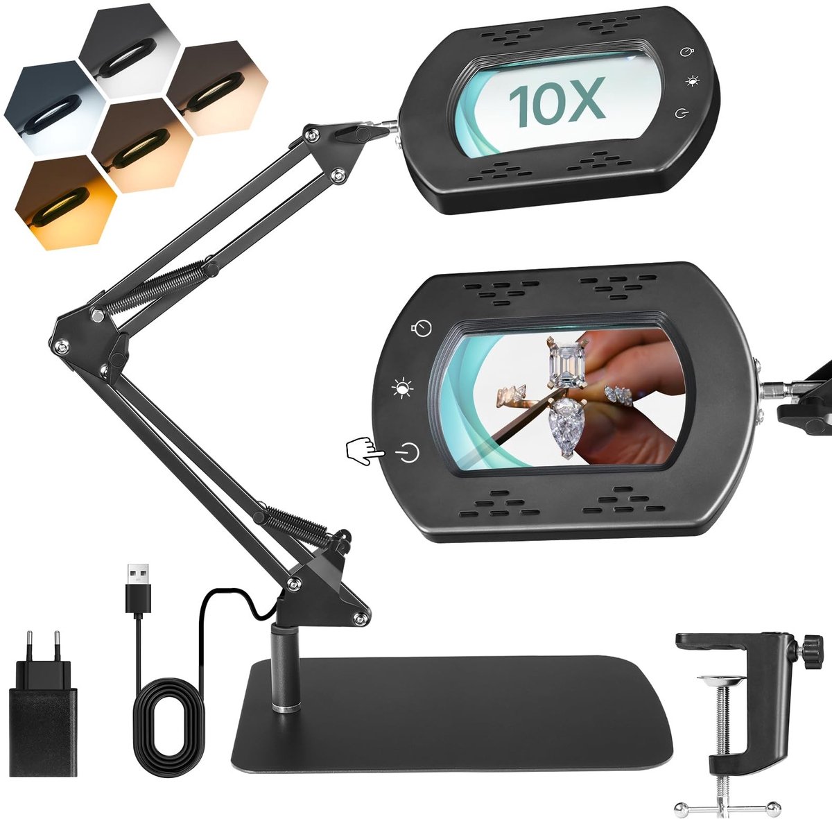 Omgoods - Vergrootglas met 10x vergroting en LED verlichting - Handige desk lamp met klem
