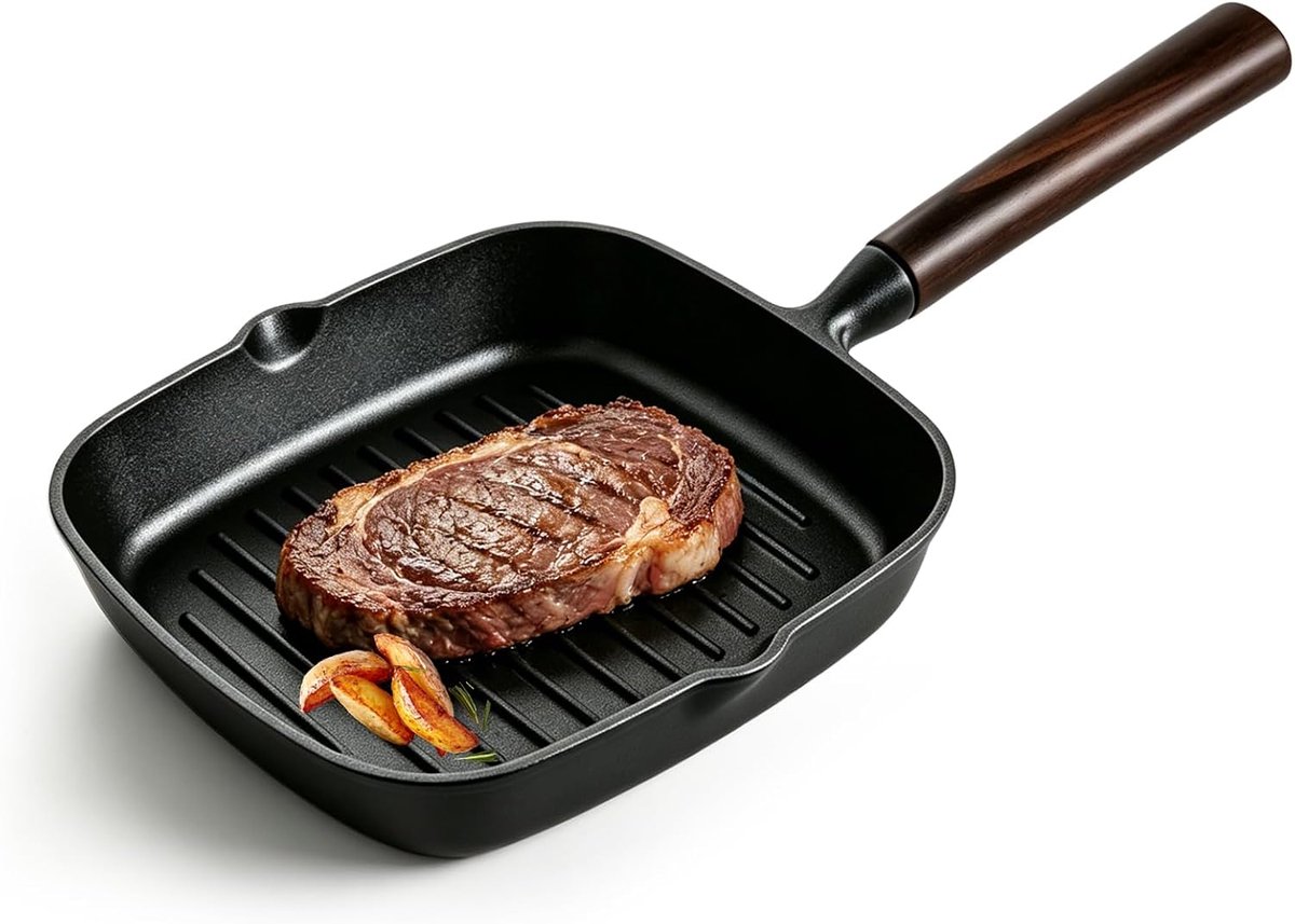 Grillpan met antiaanbaklaag, 22 x 22 cm, vierkante grillpan van gietijzer, steakpan inductie met houten handvat en schenktuit, vierkante pan voor inductie, oven en grill