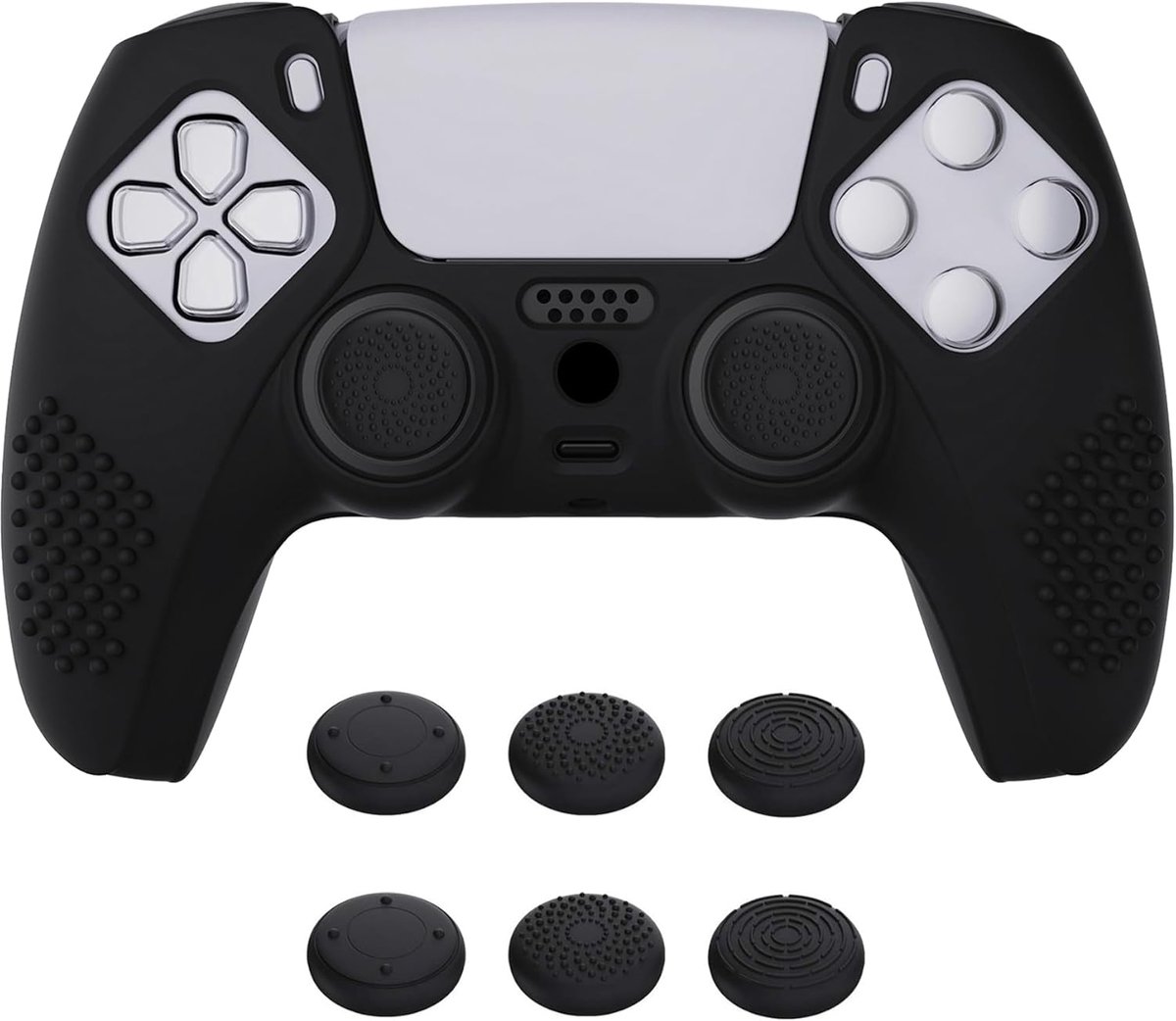 eXtremeRate PlayVital Beschermhoes voor ps5 Controller, Zachte Rubber Siliconen Cover met Anti-slip Grip en 6 Thumbstick Caps - 3D Studded Editie (Zwart)