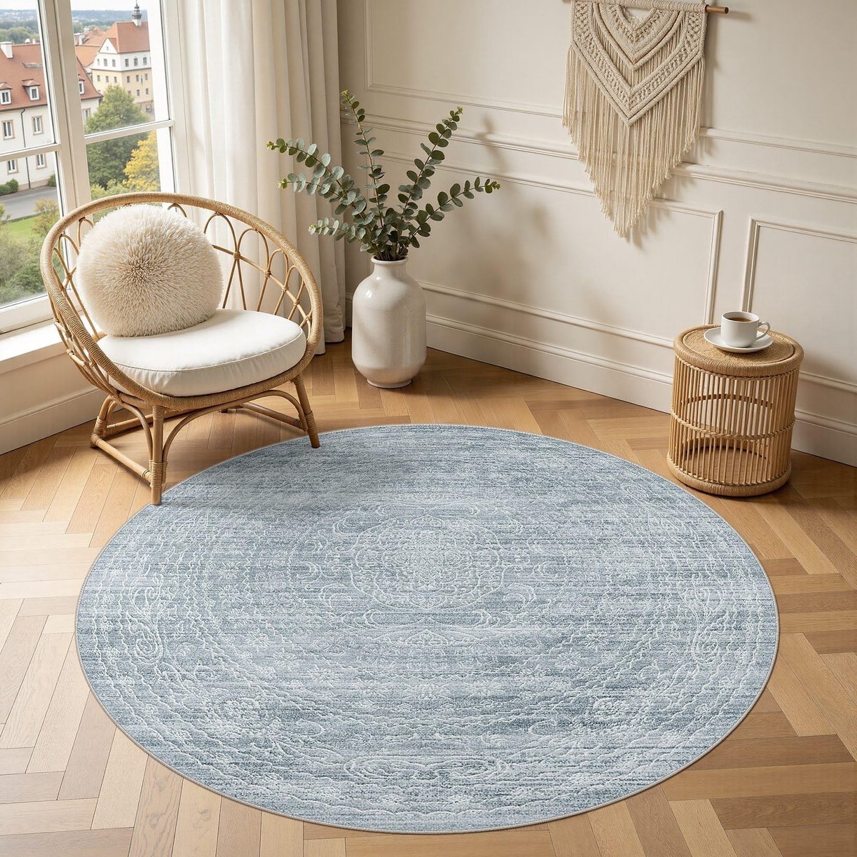 Omgoods - Vloerkleed Rond 150 cm - Vintage Blauw Wasbaar en Antislip