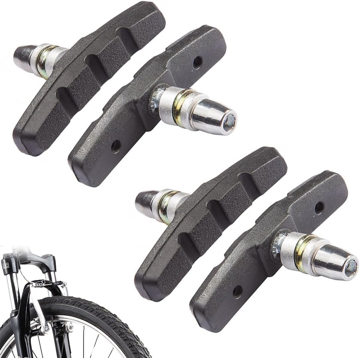 V-brake remschoenen, 2 paar, zwart, rubber, V-brake-remschoenen, 4 stuks, fietsremblokken, remblokken achter en voor, 70 mm, stads- en trekkingfietsen