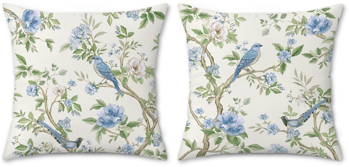 Omgoods - Set van 2 Fluwelen Kussenhoezen met Vogel en Bloemenprint 45 x 45 cm