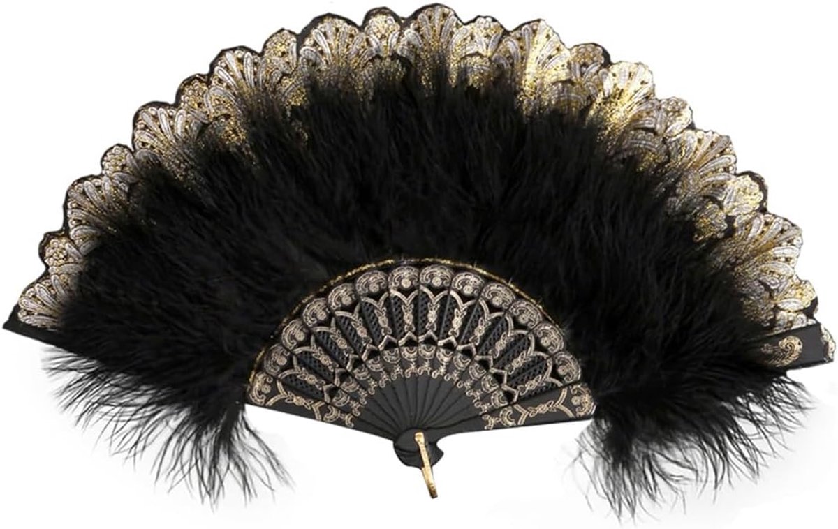vintage vouwwaaier, handheld veer, geborduurde bloem, veervakken voor Halloween, dansen, tea, feest, bruiloft, kostuum, reservewielafdekking - zwart