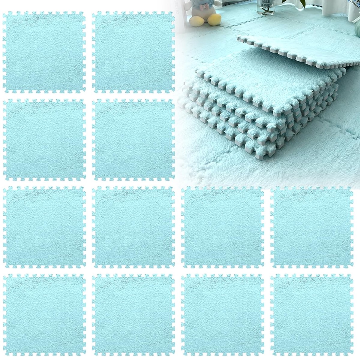 Omgoods - 12-delige Interlocking Pluche Vloertegels in Luchtblauw