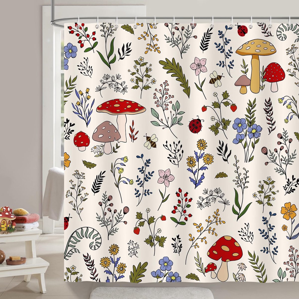 Omgoods - Douchegordijn met Paddenstoelen en Bloemen 180x180cm Waterdicht