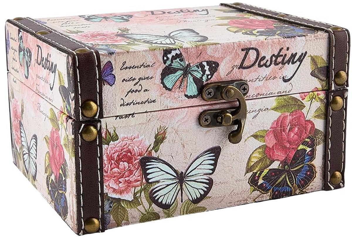 Omgoods - Decoratieve Houten Schatkist - Retro Juwelen Organizer met Vlinderpatroon