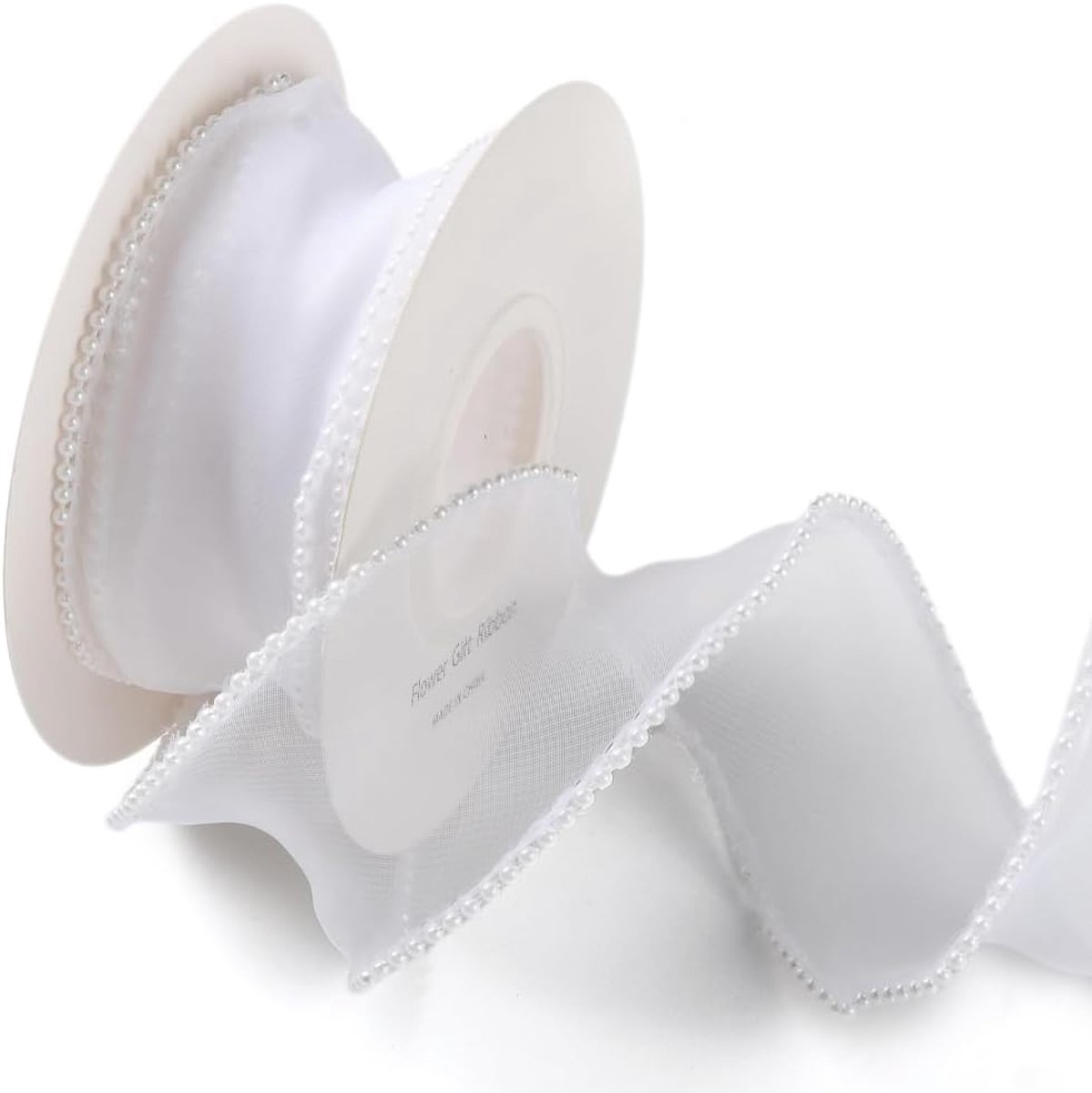 5 Yards 40 mm Wit Faux Parelrand Lint Organza Mesh Glad Lint Fishtail Transparante Transparante Linten Bundelrollen met Spoel voor Naaien Maken Ambachten Corsage Bruiloft Uitnodiging Supply
