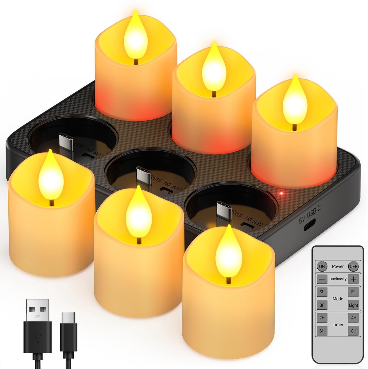 Omgoods - 6 Stuks Oplaadbare Theelichtjes met Afstandsbediening - Flameless LED Kaarsen