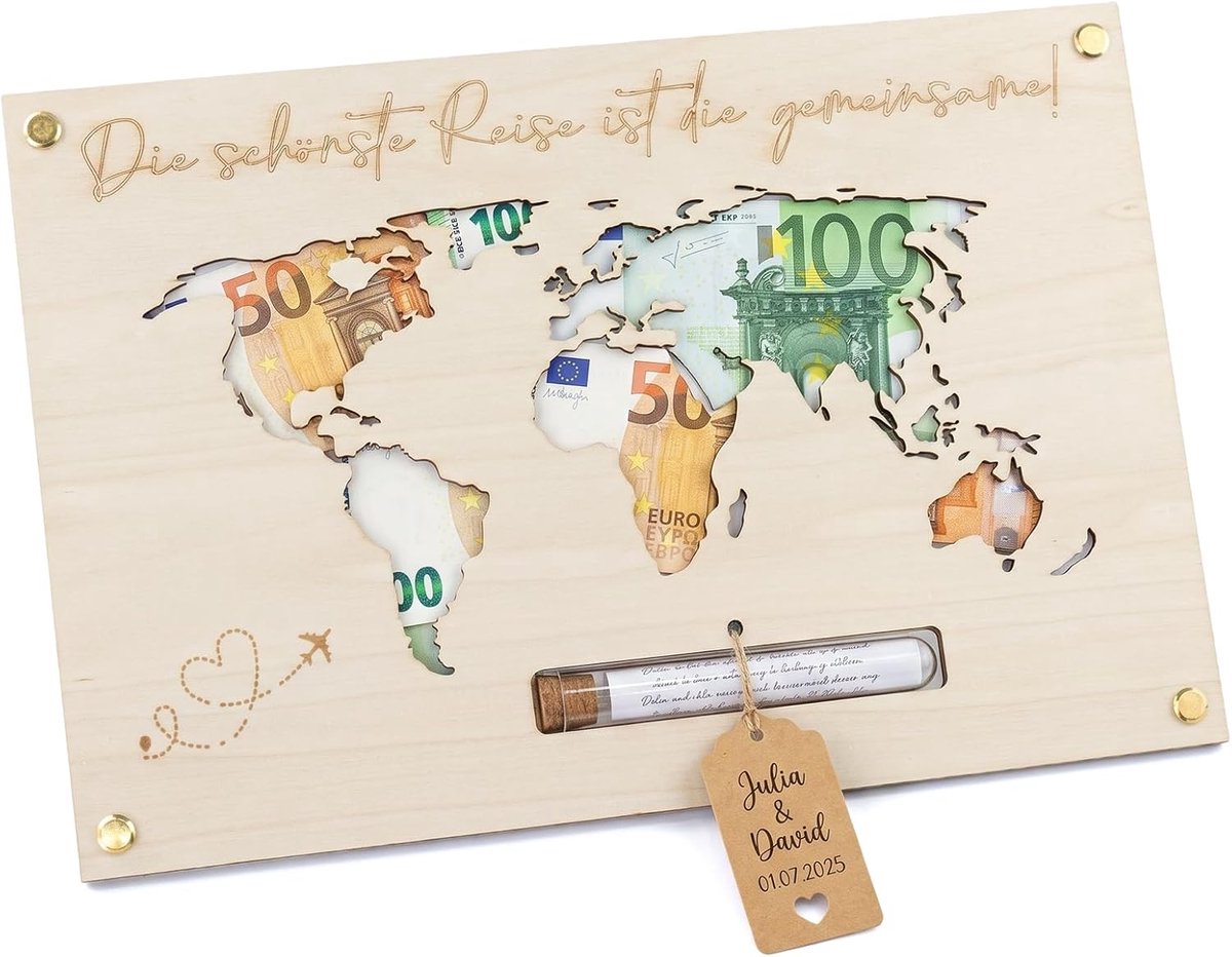 bruiloft wereldkaart, 30x20cm houten wereldkaart geldgeschenk | Wereldkaart van populierenhout met reageerbus. Creatieve geldverpakking voor bruiloft, verloving en jubileum