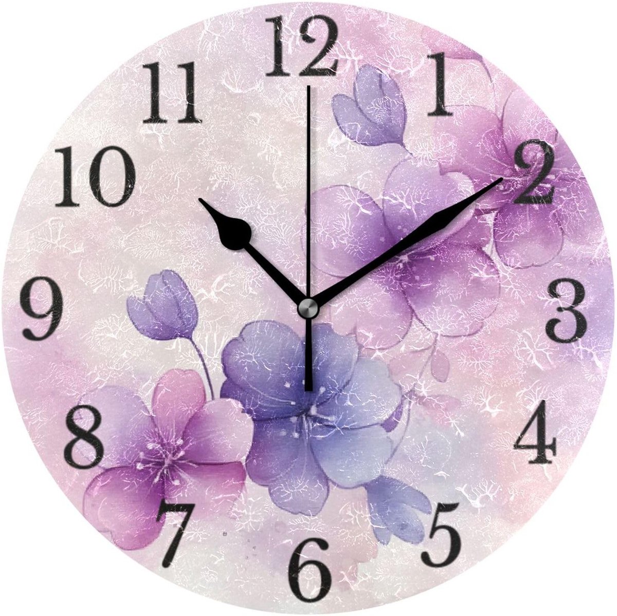 Omgoods - Muurklok met Paarse Viooltjes - Stille Rond Decoratieve Klok 25cm