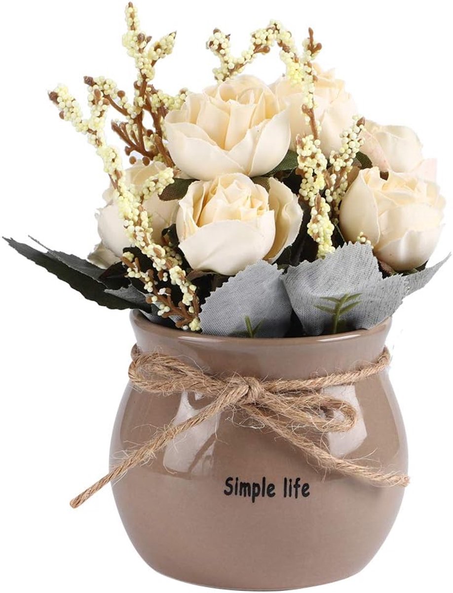 SnelShoppen - Kunstbloemen, Zijde Bloemen met Keramieken Bloempot, Witte Kunstbloemen Boeket voor Woonkamer, Tuin, Balkon, Studiekamer, Onderhoudsvrij