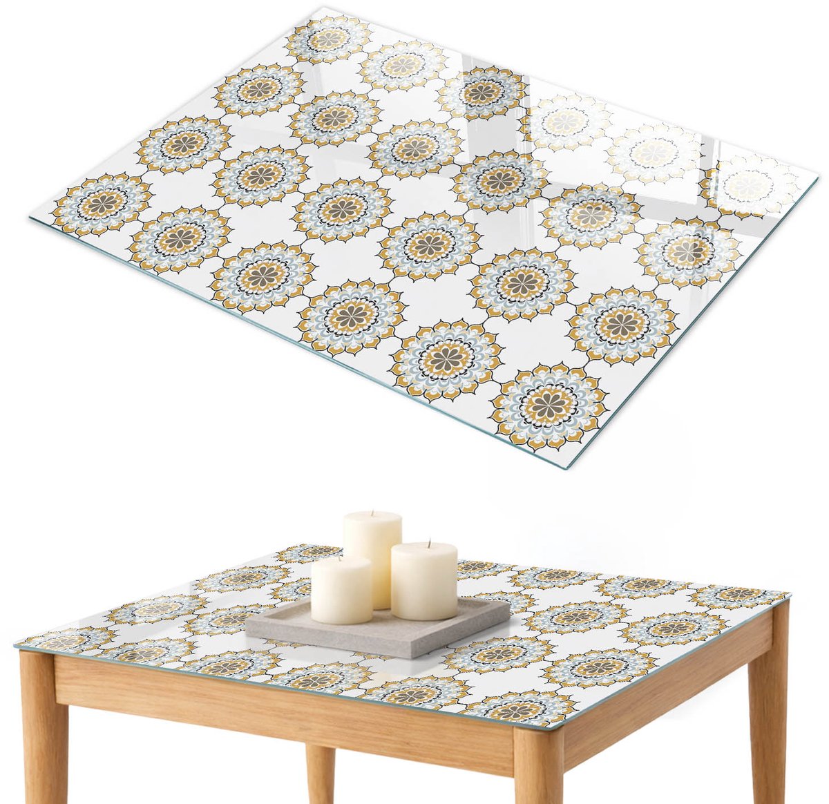 ArtPrintCave Geometrische bloemen Glazen Tafelblad 100x70 cm - Tafelblad Rechthoek - Wit Glasplaat - Achtergronden en patronen Keukentafel