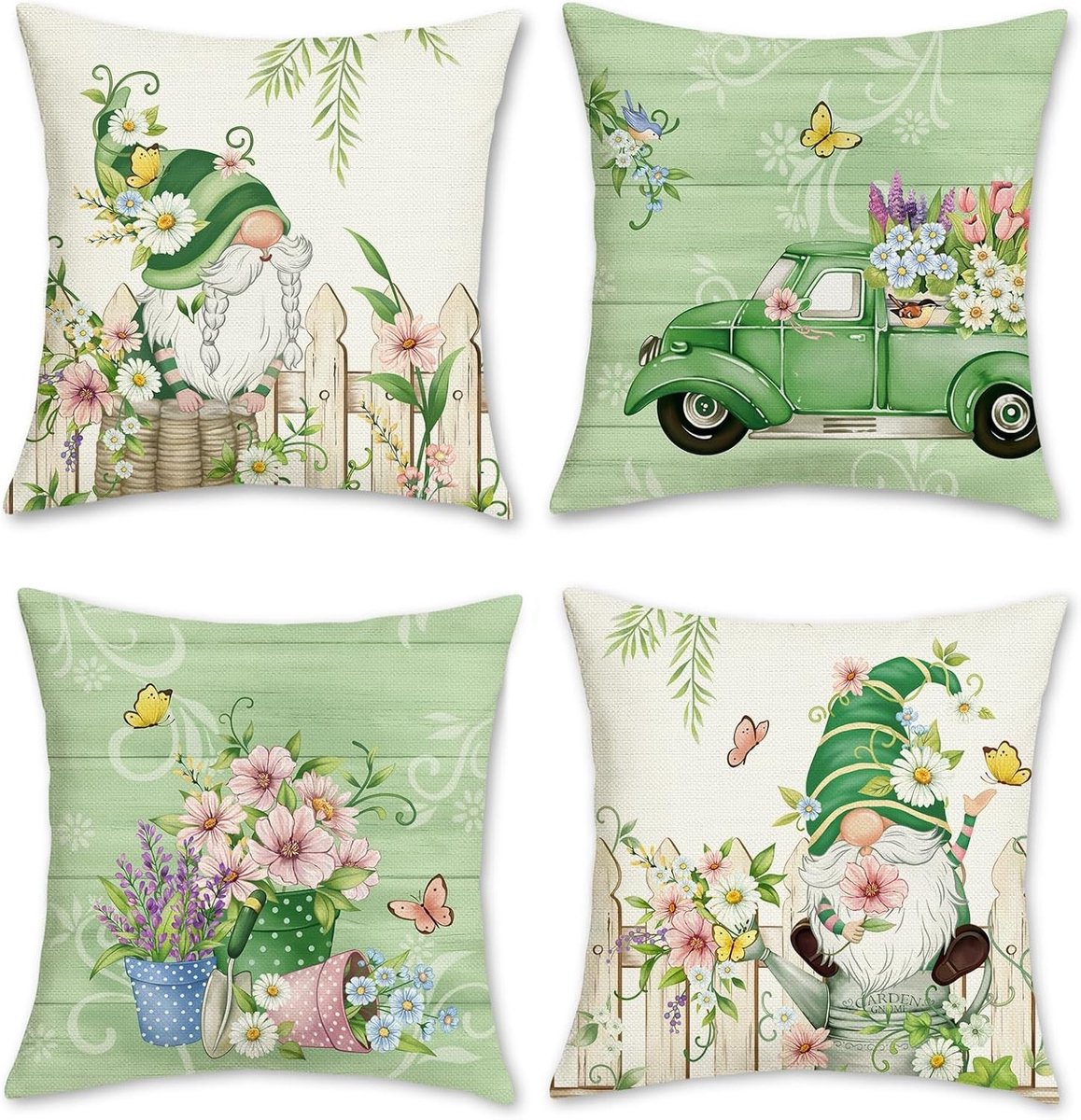 Decoratieve Kussenhoezen met Tuinbloemen en Gnooms - Set van 4 - 45 x 45 cm - Ideaal voor Sofa, Bed en Buitengebruik