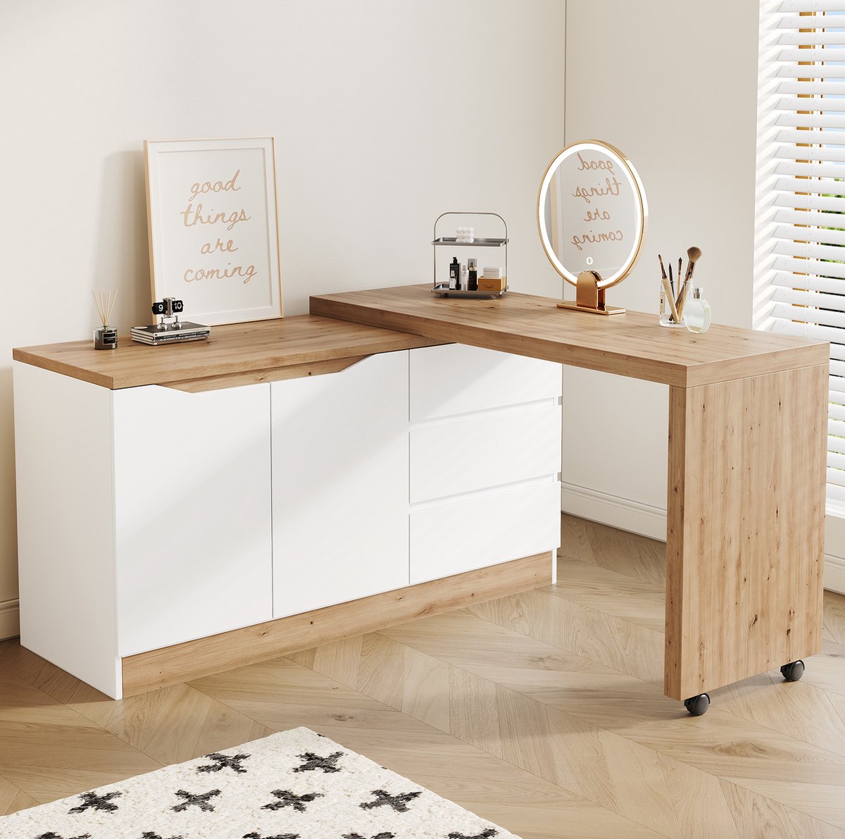 MIVRAY Bureau - Opklapbaar En Draaibaar Bureau Met 2 Deuren En 3 Lades - Hoekbureau Voor Thuiswerk En Woonkamer - Wit Eiken Spaanplaat - 120x50x78 Cm