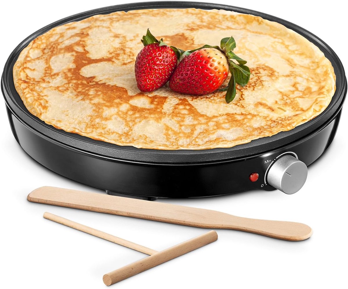 Crêpes maker, retro pannenkoekenmaker, Ø 30 cm, met spatel en deegverdeler, crêpes-ijzer voor zoete pannenkoeken en hartige galetten, pannenkoekenmaker
